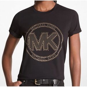 Michael Kors Studded Logo Charm Black Cotton Tee Top T-Shirt w/ Gold Accents XL